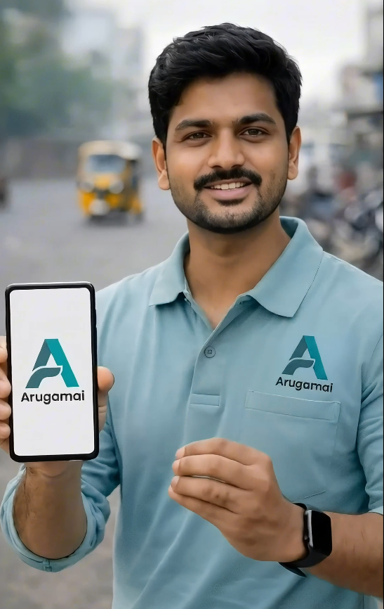 Person holding phone showing Arugamai app